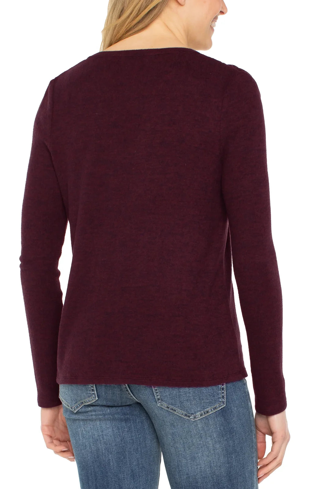 Long Sleeve V-neck Knit Top W/ Shirring in Java Melange