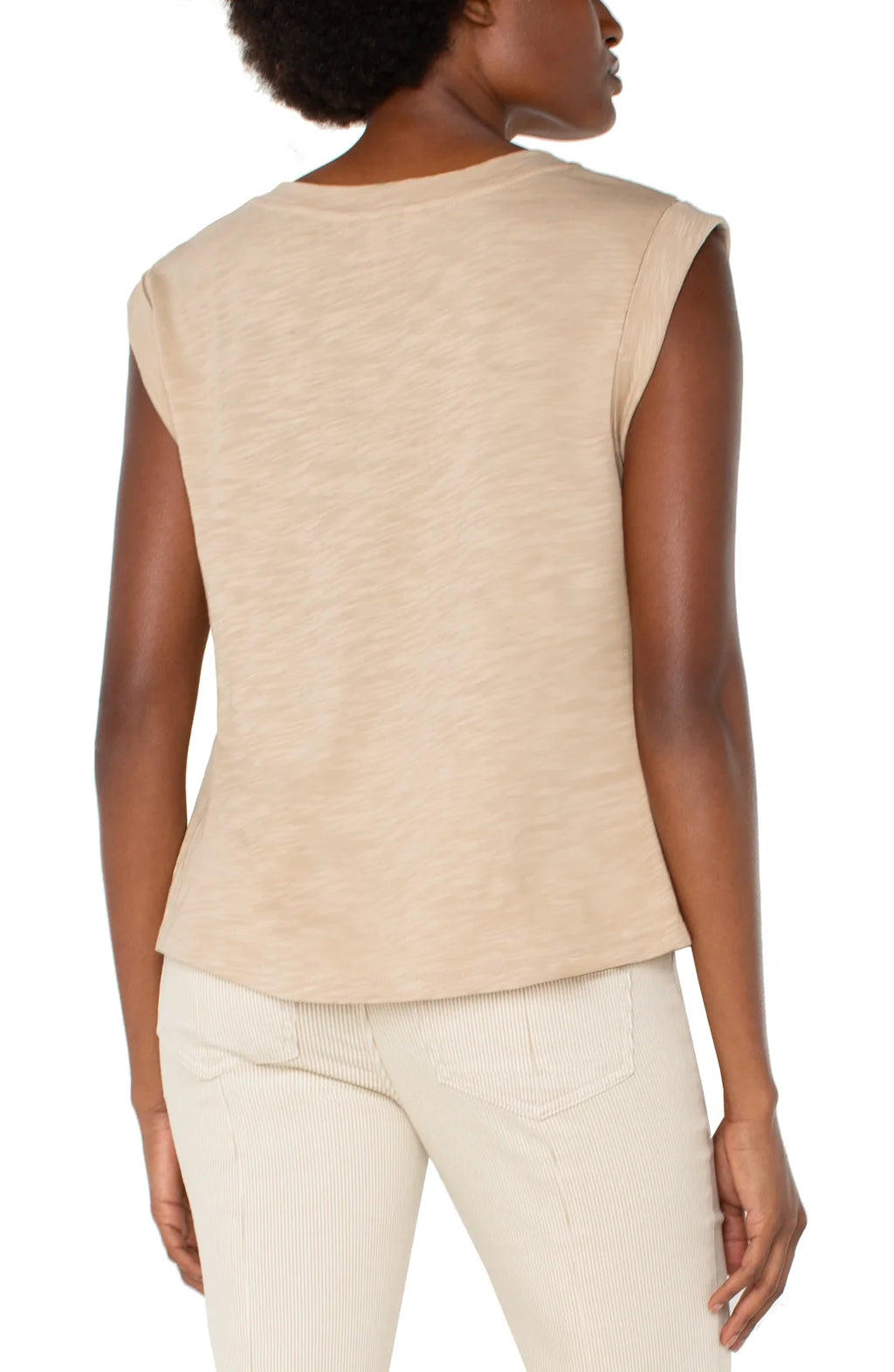 Stylish Liverpool Champagne Sleeveless Top for women, perfect for coastal boutique clothing and tropical vacations.