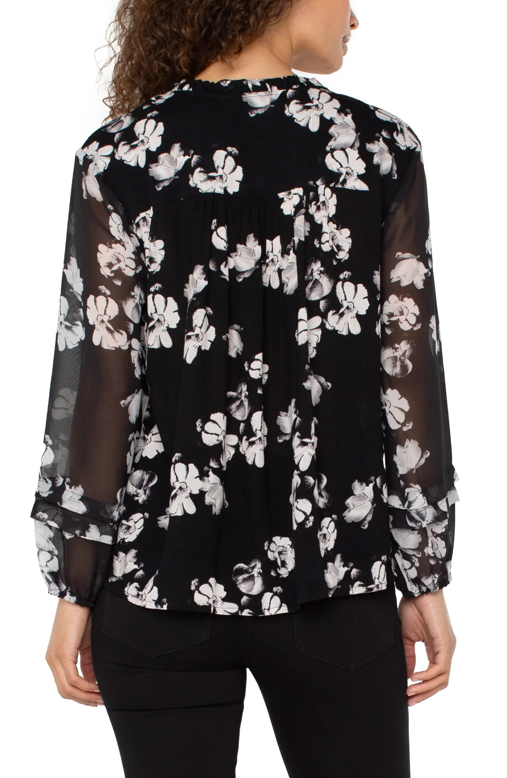 Long Sleeve Popover Shirred Woven Blouse Black and White Floral