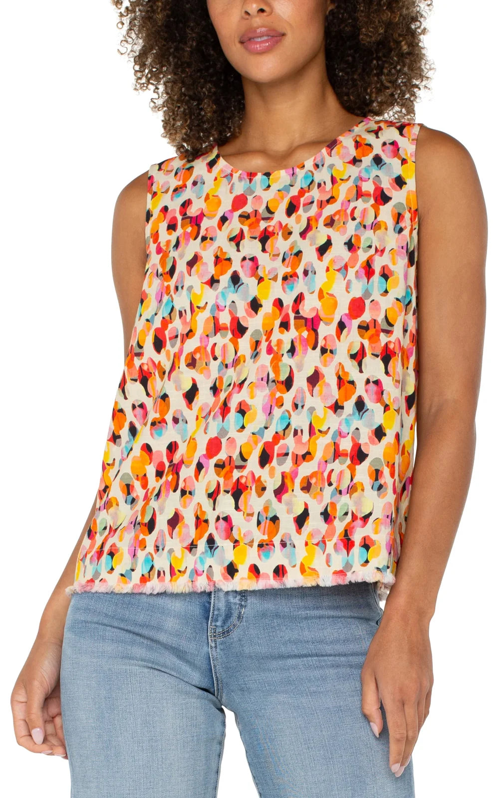 Colorful LP Watercolor Dots sleeveless top with button back, perfect for coastal boutique clothing and summer outfits.