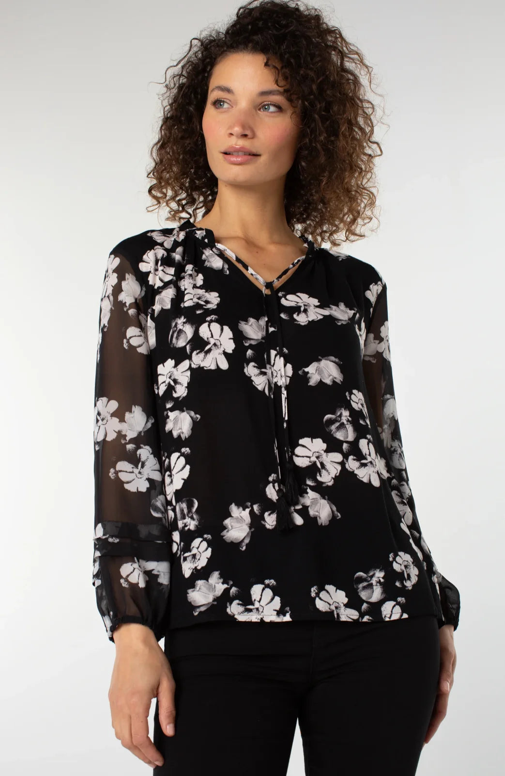 Long Sleeve Popover Shirred Woven Blouse Black and White Floral