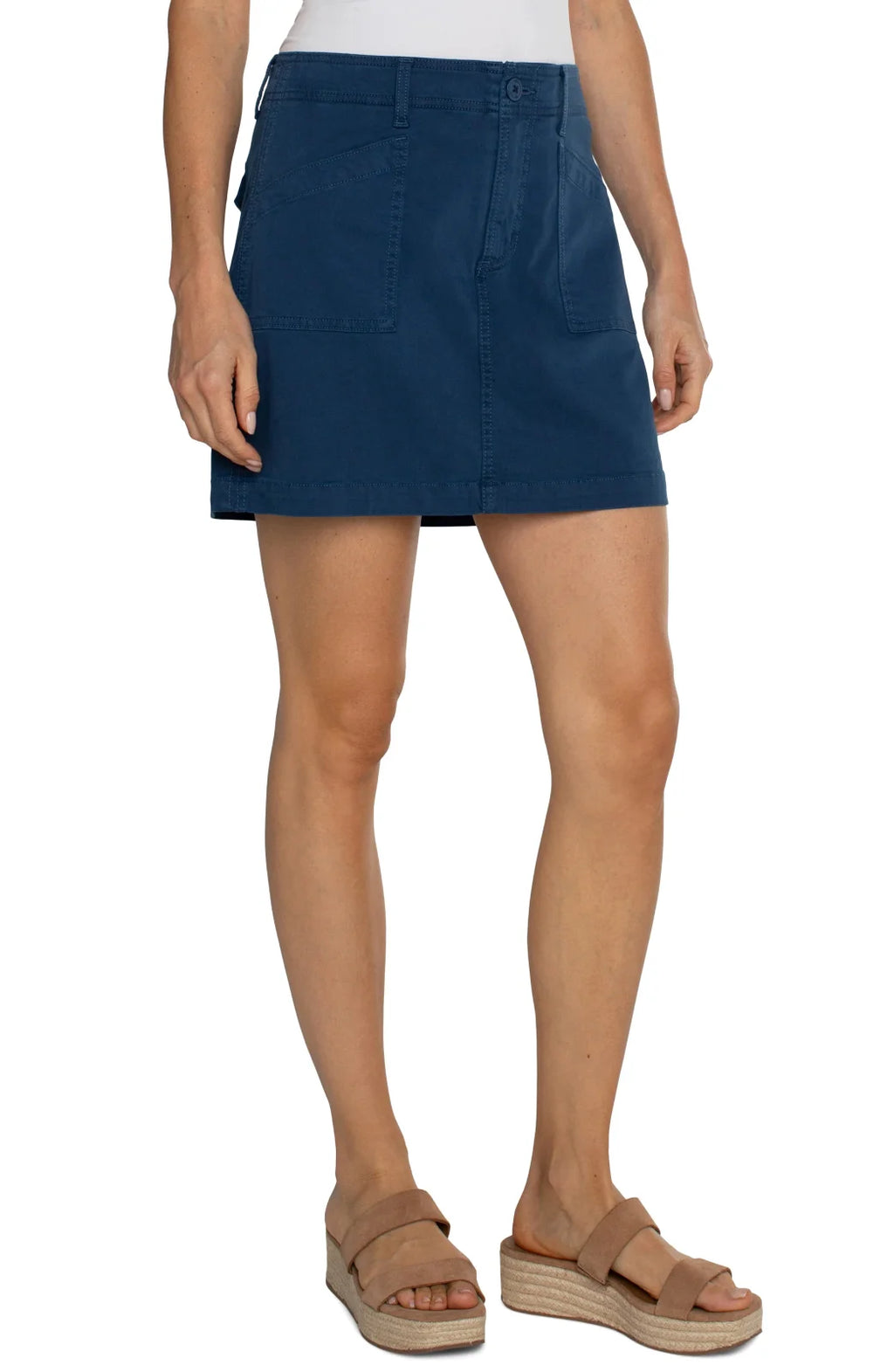 Liverpool indigo cargo skort in soft stretch twill, perfect for coastal boutique clothing and stylish summer outings.