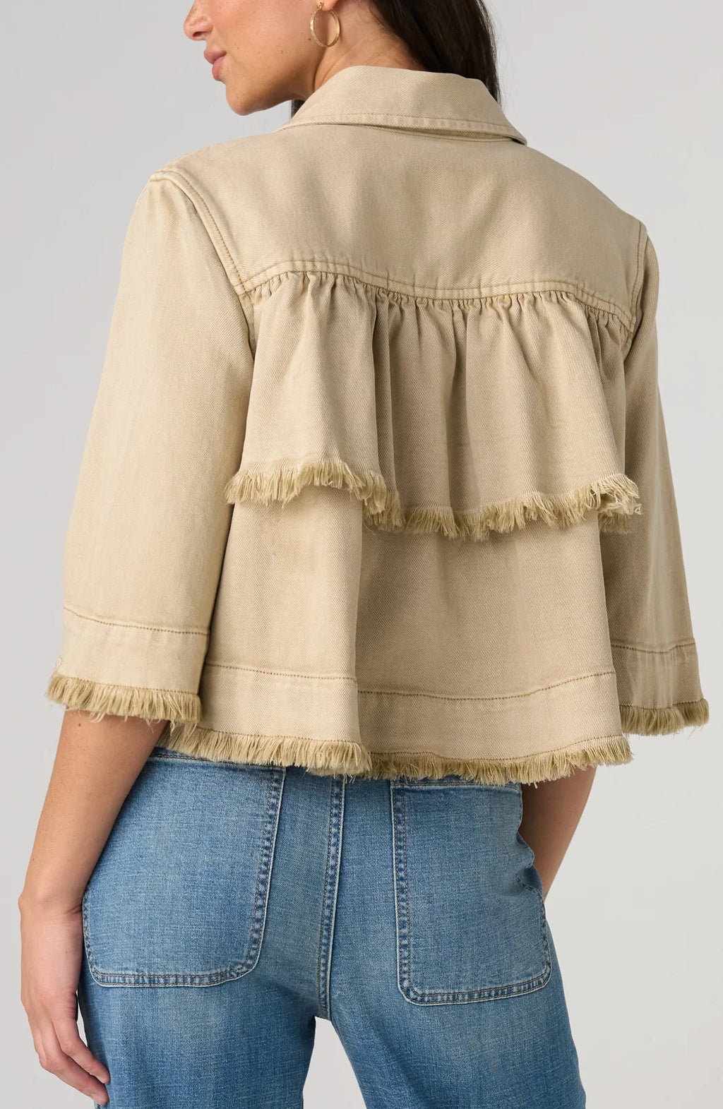 LP -3/4 Sleeve Frayed Flounce Jacket -Khaki