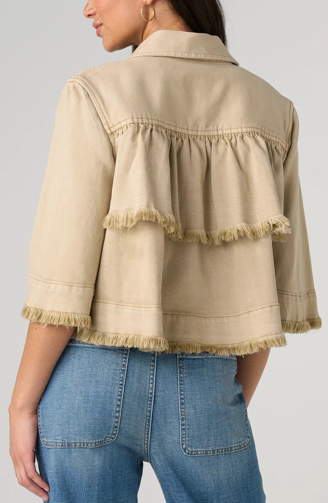 LP -3/4 Sleeve Frayed Flounce Jacket -Khaki