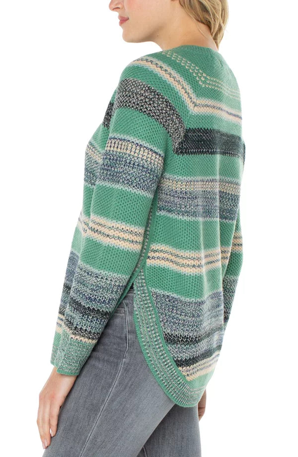 LP Emerald Multi Sweater with Button detail showcasing coastal style at Raggdoll Boutique.