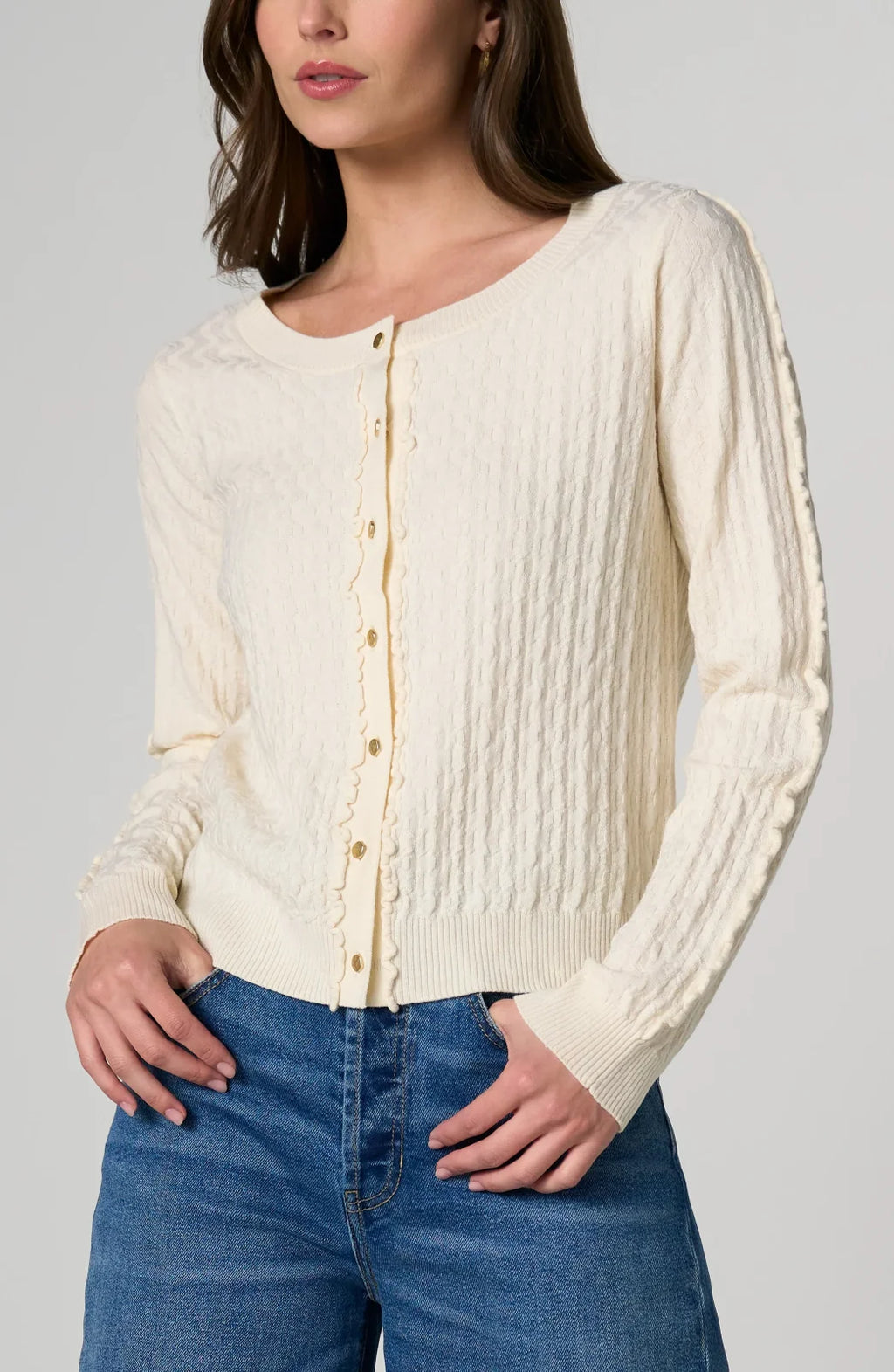 LP -Button Front Cardigan Sweater W/ Ruffles -Cream