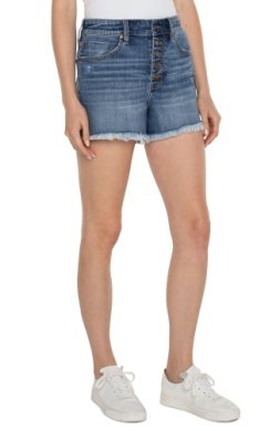 LIVERPOOL-CHRISTINE HR A-LINE SHORT (CLAYMONT) in blue denim for summer outfits Texas, trendy coastal style at Raggdoll Boutique.