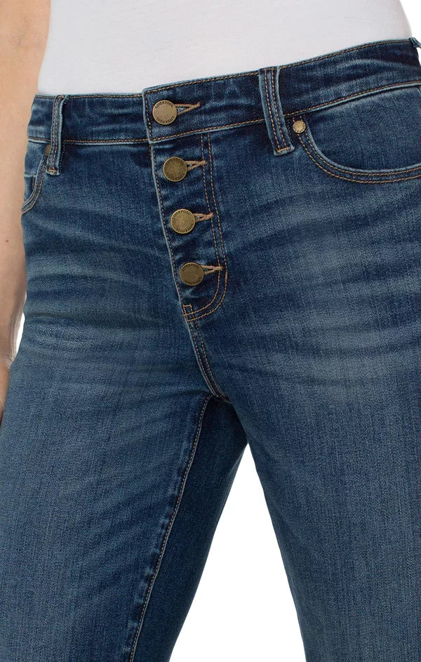 Close-up of LP Kennedy Straight Button-Up Jeans with button detail, perfect for trendy coastal style from Raggdoll Boutique.