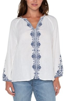 LIVERPOOL OFF WHITE TOP WITH NAVY EMBROIDERED DETAILS, perfect for coastal fashion and summer outfits Texas.