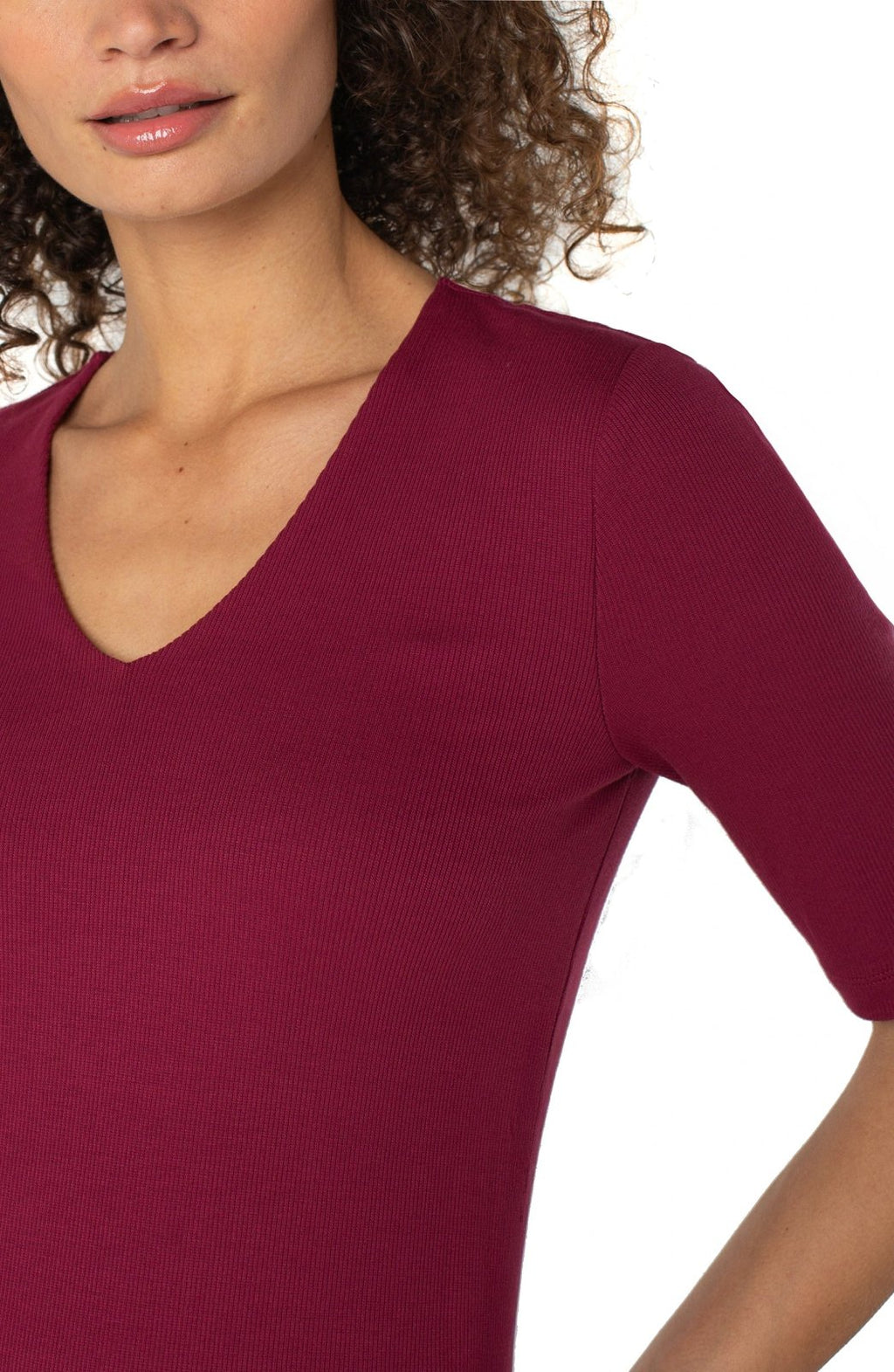 Double Layer V-neck Rib Knit Top-Cherry