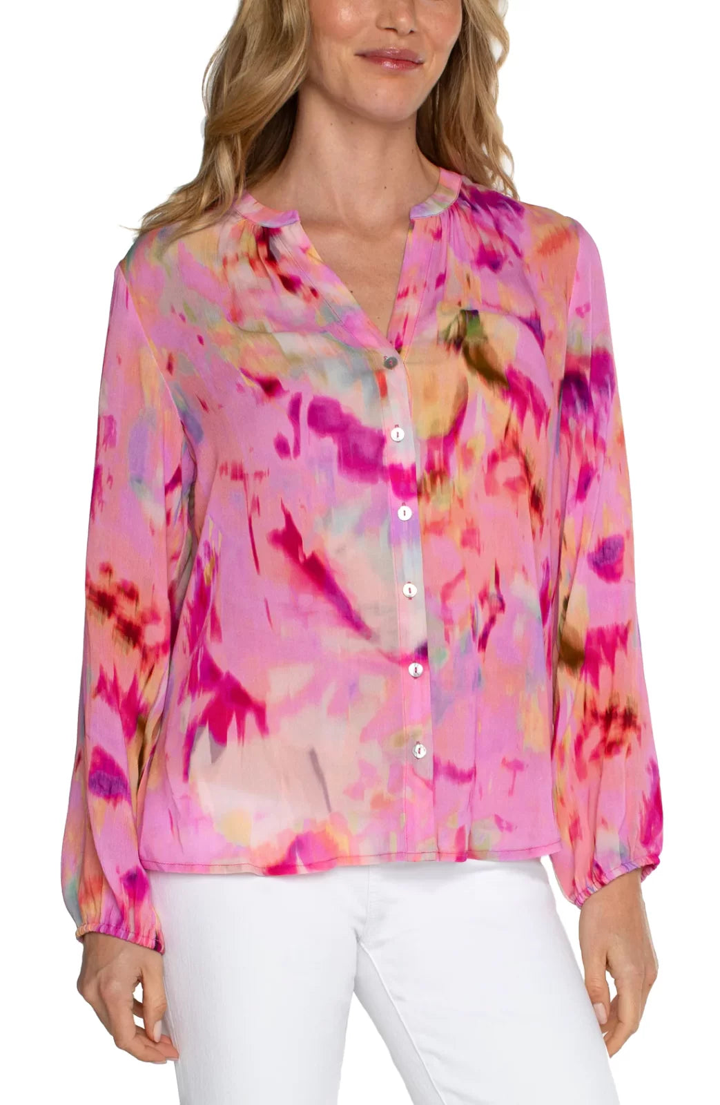 LIVERPOOL FUSHIA WATERCOLOR BUTTON DOWN TOP from Raggdoll Boutique, trendy coastal style for summer outfits Texas.