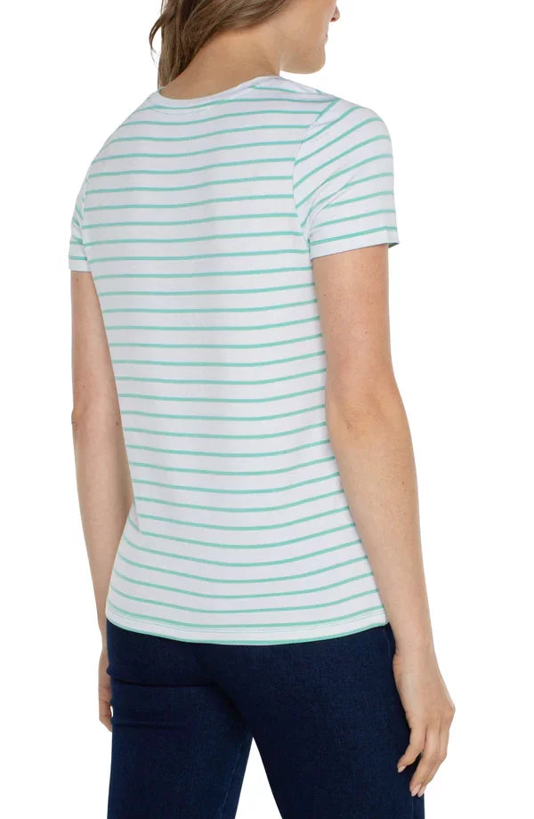 Liverpool White with Mint Classic Crew Tee back view featuring stripes from Raggdoll Boutique, perfect for summer outfits Texas.