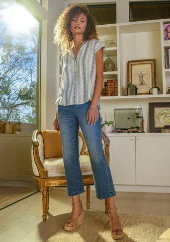 LIVERPOOL WOVEN DOLMAN TOP (NAVY/CREAM) styled with jeans and boutique shoes at Raggdoll Boutique