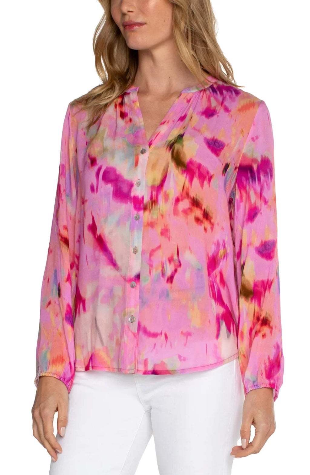 LIVERPOOL FUSHIA WATERCOLOR BUTTON DOWN TOP, trendy coastal style from Raggdoll Boutique.