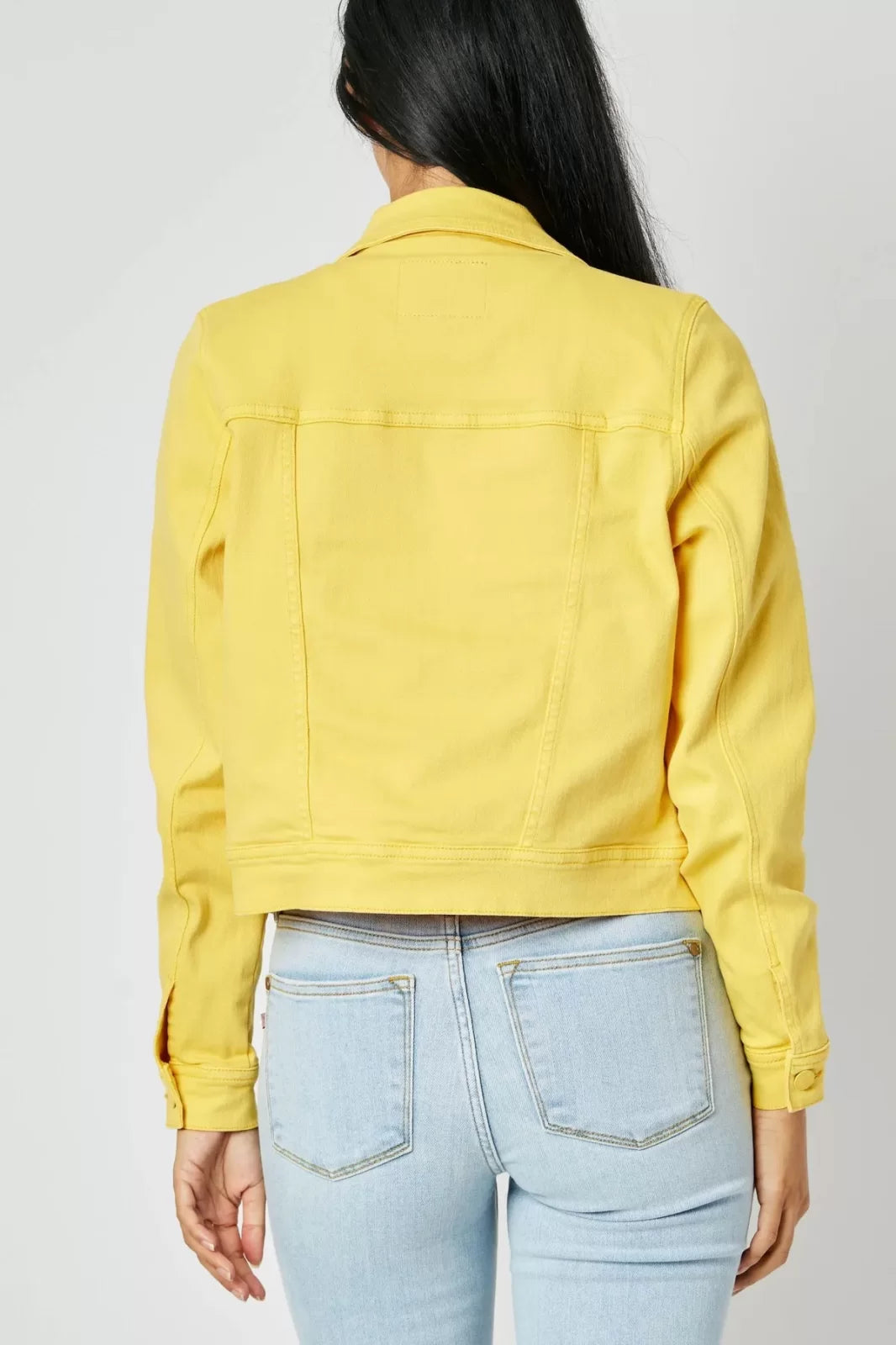 Back view of JUDY BLUE YELLOW DYED DENIM JACKET, perfect for trendy coastal style from Raggdoll Boutique.