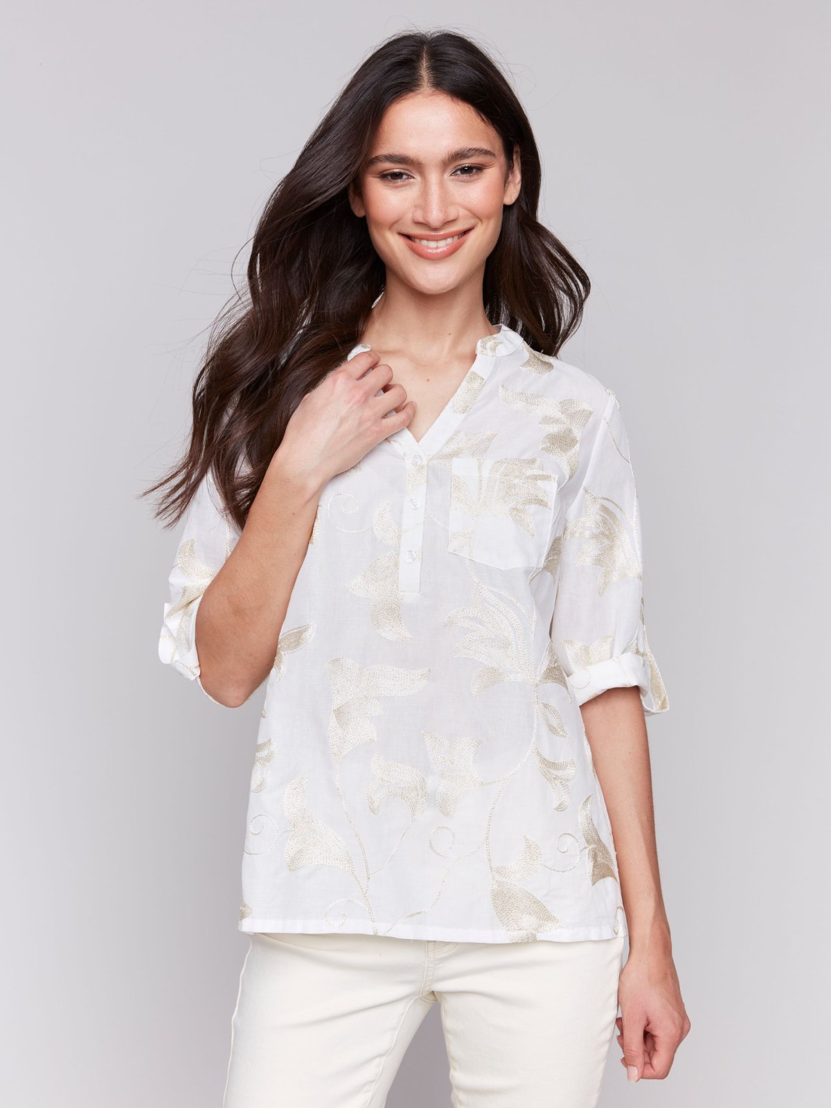 White/Gold Embroidered Gold Top from Raggdoll Boutique, perfect for coastal fashion in Port Aransas.