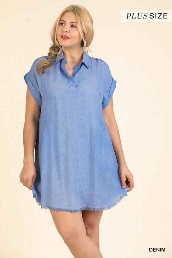 PLUS DRESS WITH POCKETS in denim style from Raggdoll Boutique, perfect for trendy coastal summer outfits.