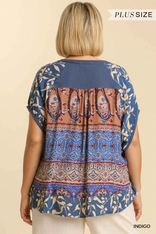 PLUS INDIGO PRINT TOP from Raggdoll Boutique, showcasing trendy coastal style and mixed print design.