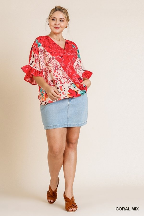 PLUS CORAL MIX UMGEE TOP styled with denim skirt, perfect for trendy coastal style by Raggdoll Boutique.