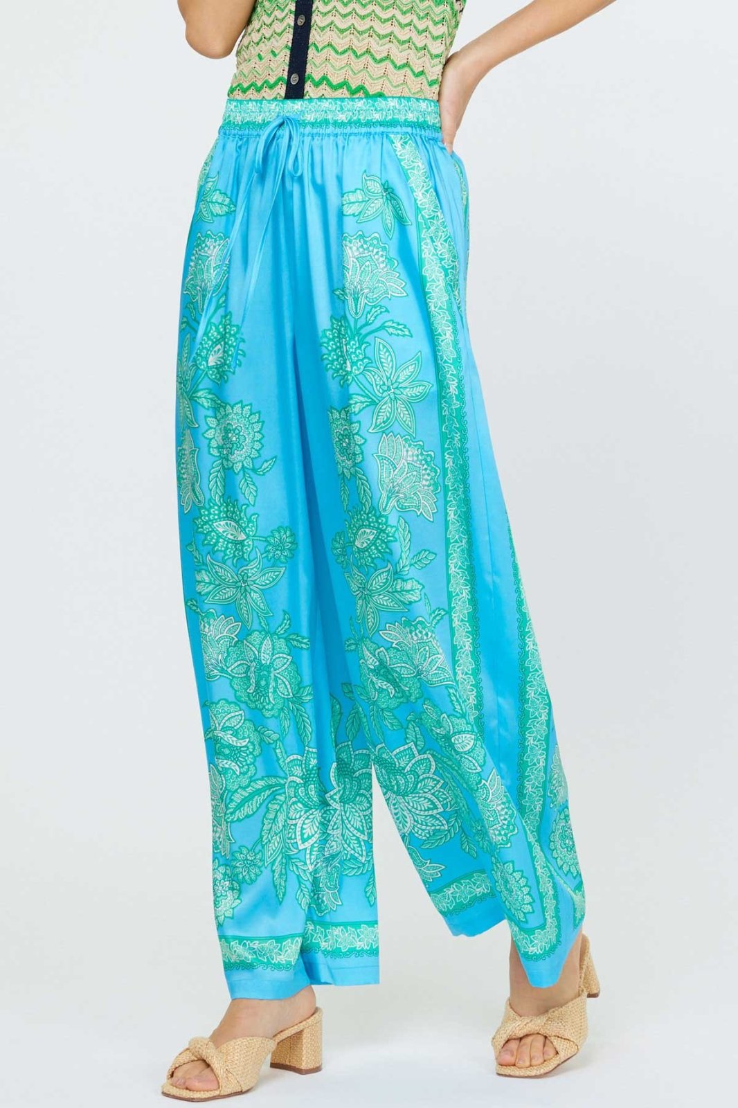 Aqua blue paisley floral wide-leg pants from a coastal boutique, perfect for summer and curvy plus size fashion.