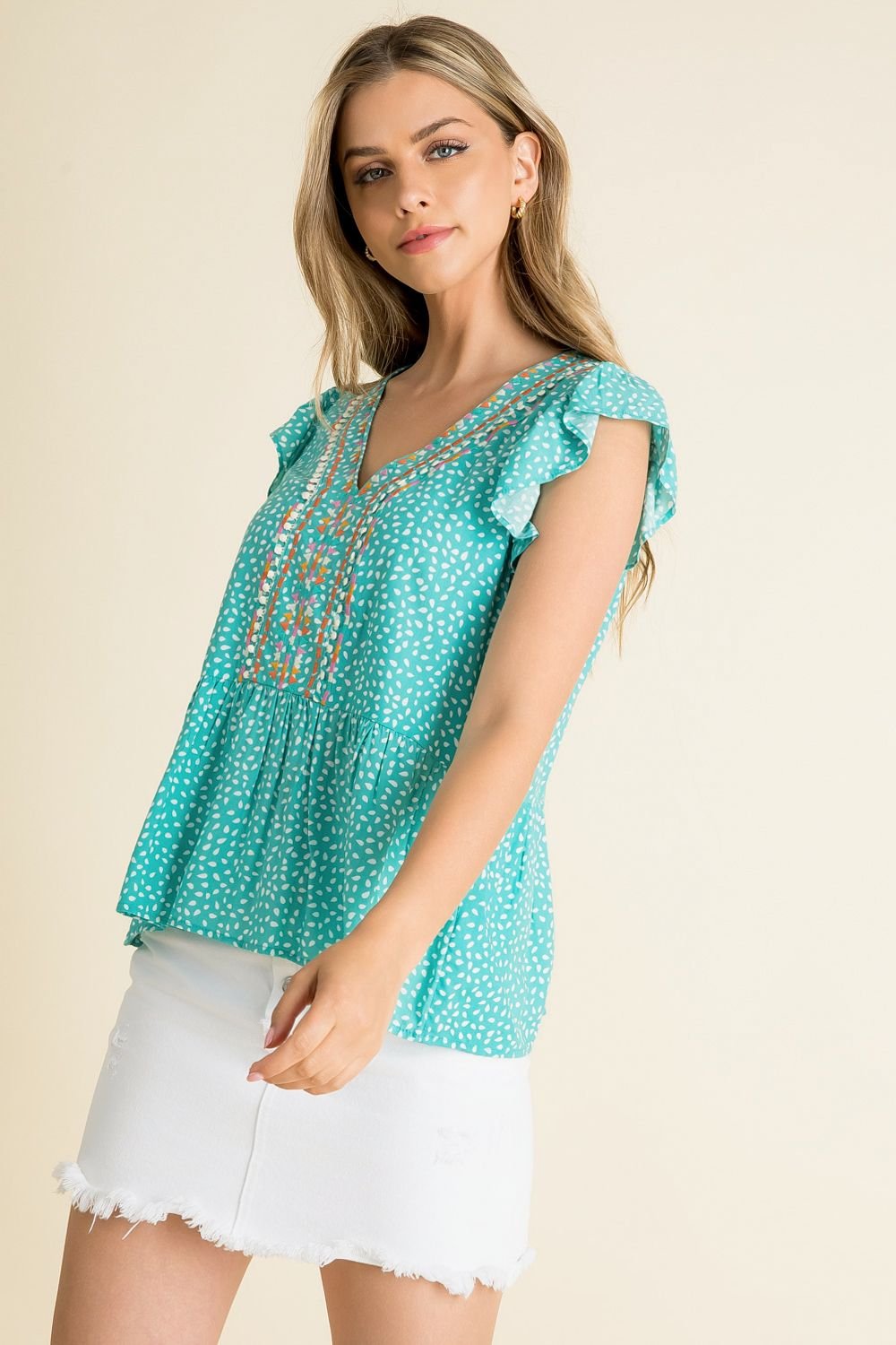 Aqua embroidered flutter top, perfect for beach trips and coastal boutique clothing, curated women's fashion.