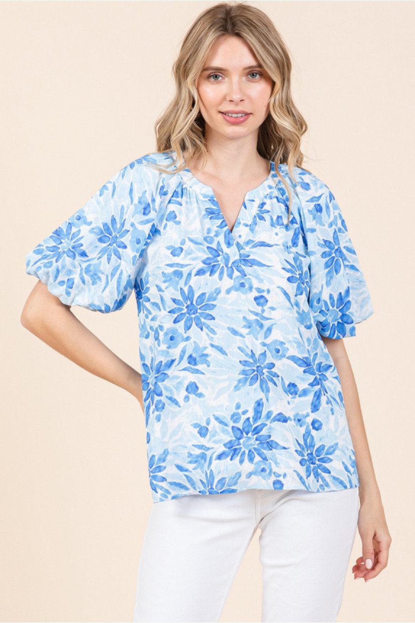 Blue Floral Bubble Sleeve top from Raggdoll Boutique, perfect for summer outfits Texas and coastal fashion.