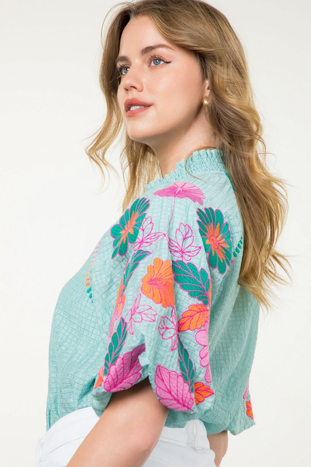 THML Aqua Embroidered Top in vibrant colors, perfect for coastal boutique clothing or tropical vacation dresses.