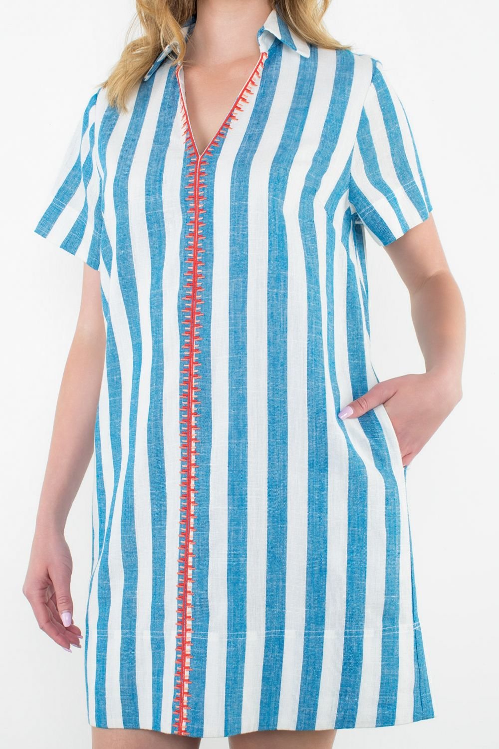 Peyton Dress in blue and white stripes by Liverpool, perfect for coastal boutique clothing and beach dresses.
