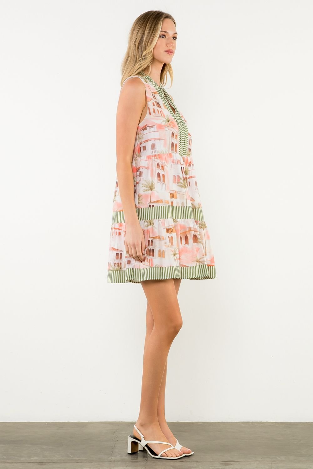 Isla Dress featuring modern print and striped trim, perfect for coastal boutique clothing and stylish summer outings.