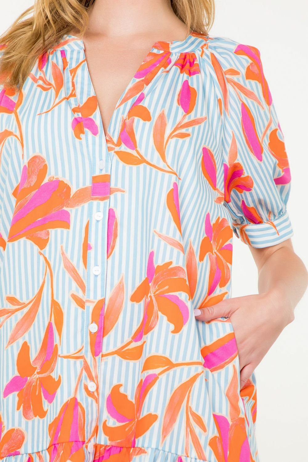 Cameron Dress featuring bold floral print and stripes, ideal for coastal boutique clothing and tropical vacations.