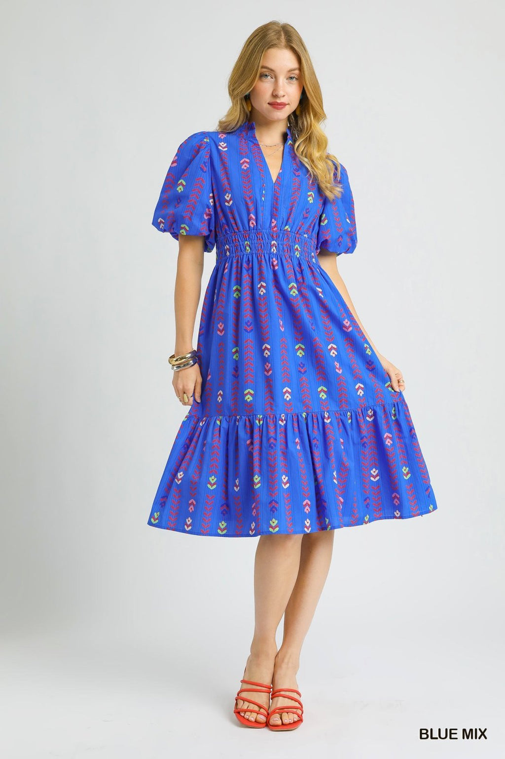 Blue Mix Smocked Waist Midi Dress from coastal boutique clothing, perfect for tropical vacations and curvy plus size fashion.