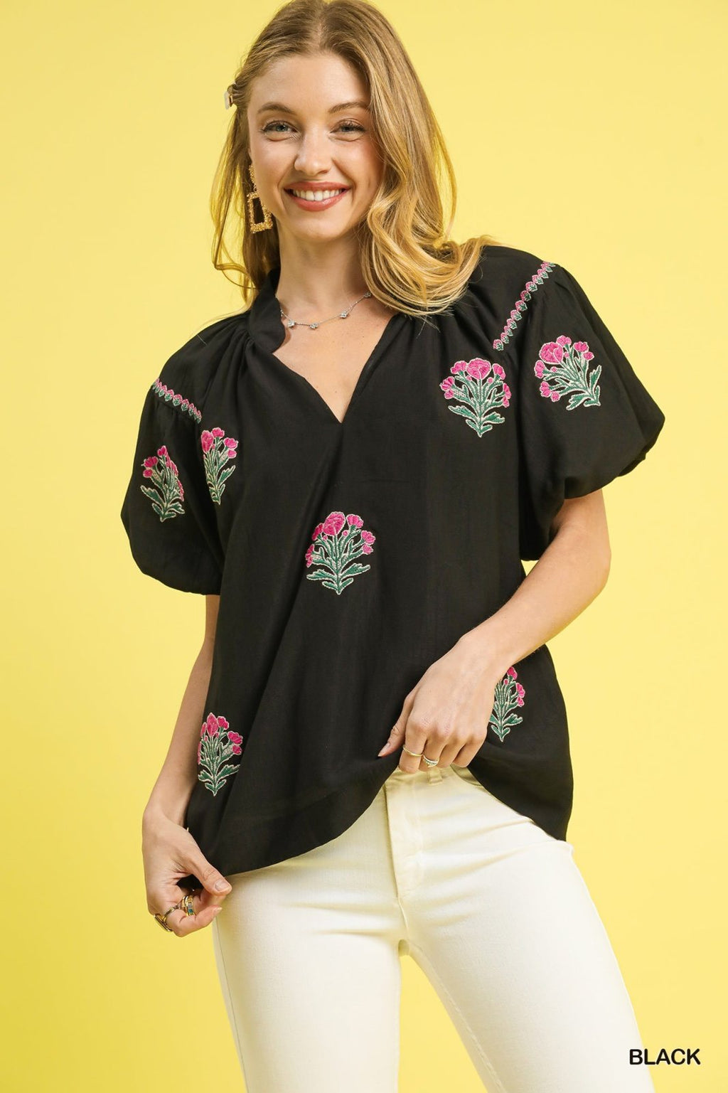 Black floral embroidered puff sleeve blouse for women, a stylish addition from a coastal boutique clothing selection.