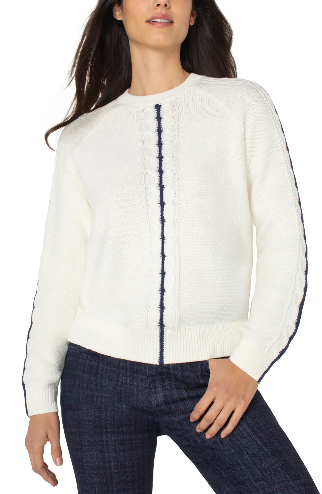 White Sweater with Navy Stitch Detail