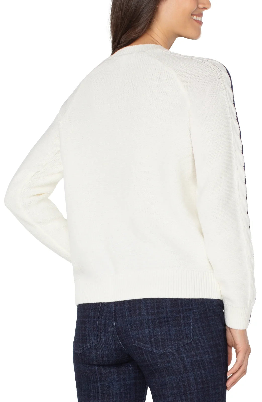 White Sweater with Navy Stitch Detail