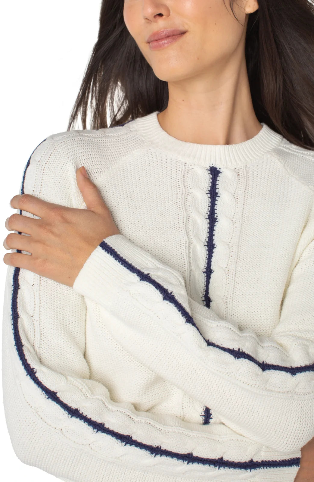 White Sweater with Navy Stitch Detail