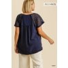 PLUS NAVY TOP WITH CROCHET SLEEVE DETAIL displayed from the back, showcasing floral crochet sleeves.