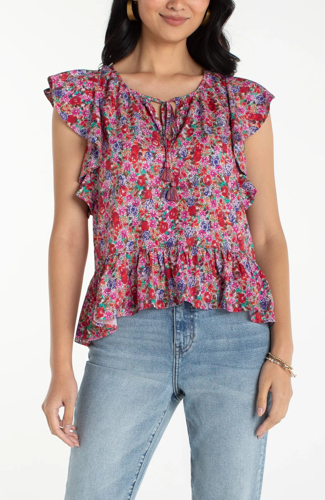 LP Flutter Sleeve Peplum Woven Top W/ Ties-Pink