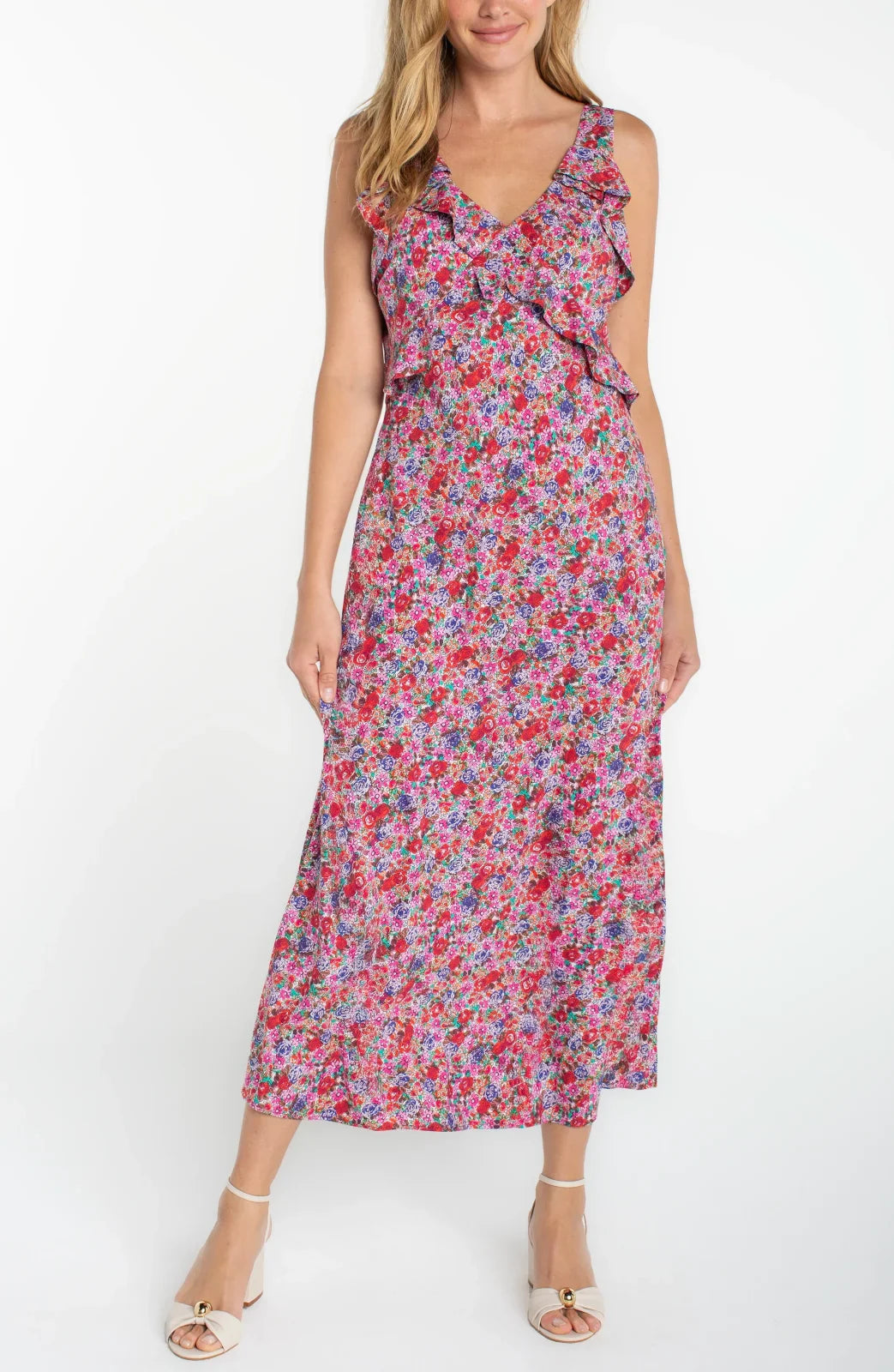 LP Sleeveless Ruffle Front Woven Maxi Dress -Pink Multi