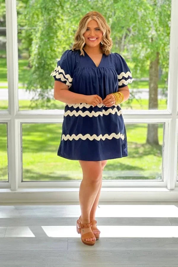 Plus Navy Dress with Ivory Trim from Raggdoll Boutique, perfect for trendy coastal style and summer outfits Texas.