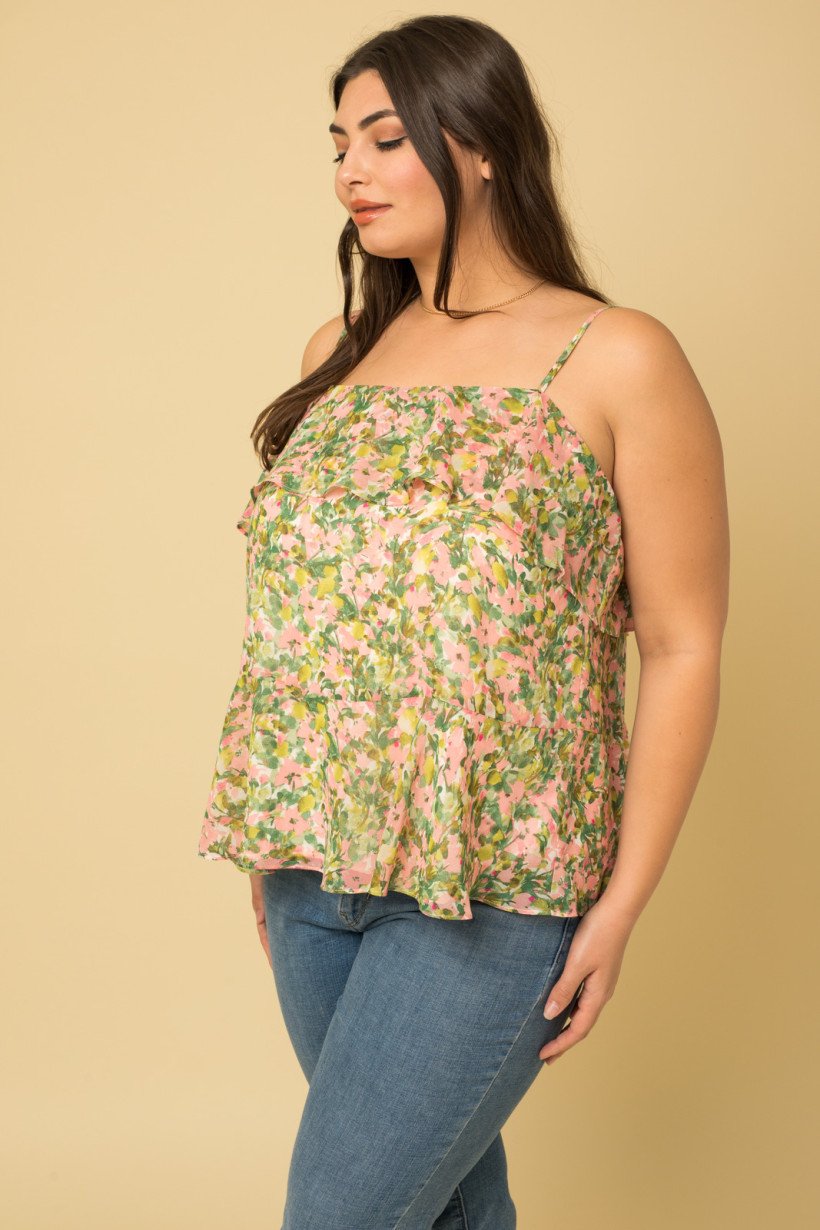 PLUS FLORAL PRINT TOP with ruffle details, perfect for trendy coastal style from Raggdoll Boutique.