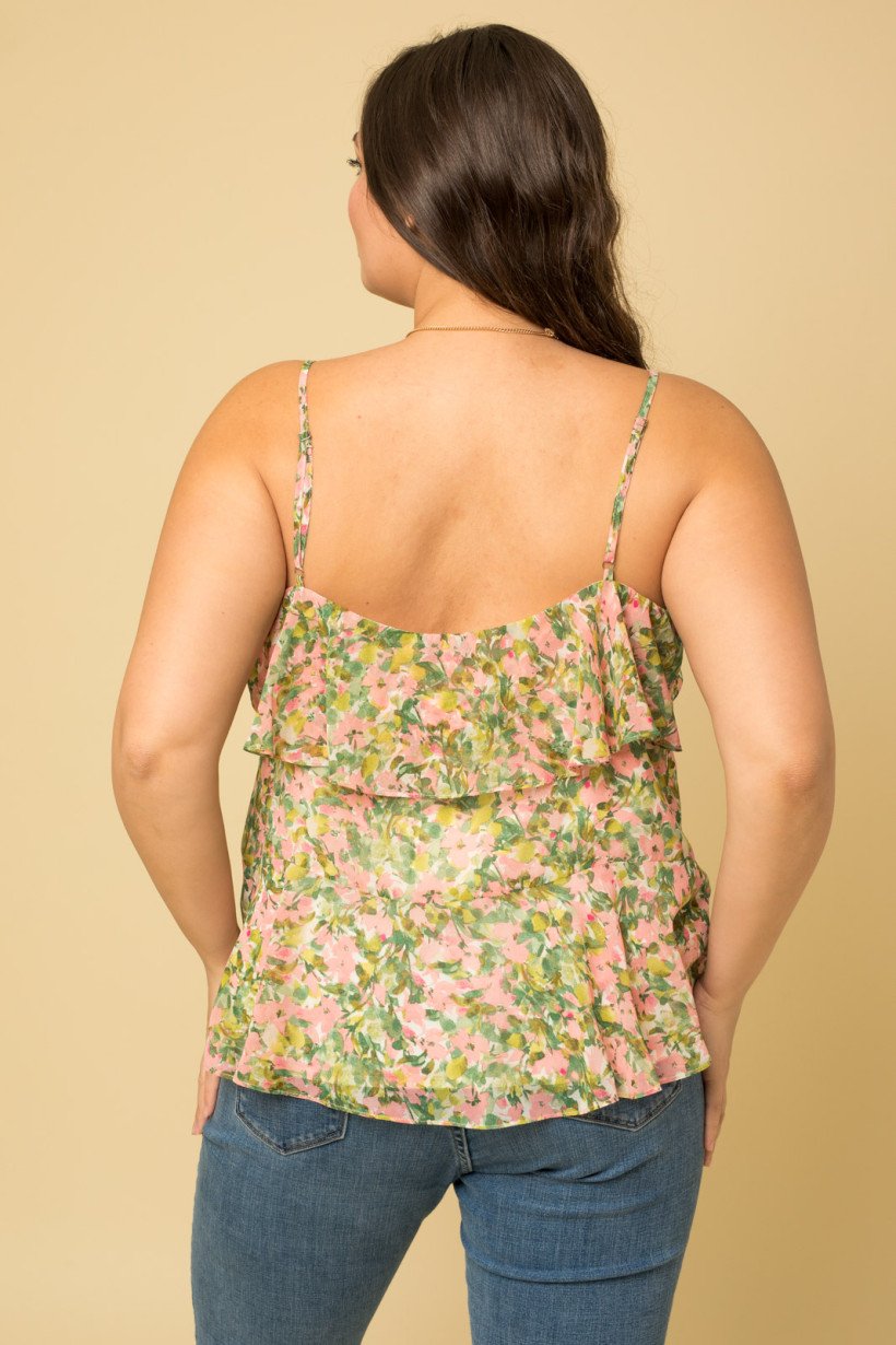 PLUS FLORAL PRINT TOP featured in a stylish back view, perfect for coastal fashion at Raggdoll Boutique.