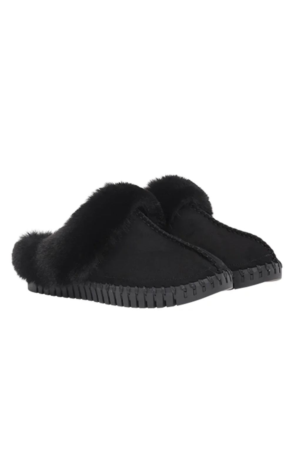 Stylish black slip-on slippers with faux fur lining by Ilse Jacobsen, perfect for coastal boutique loungewear.